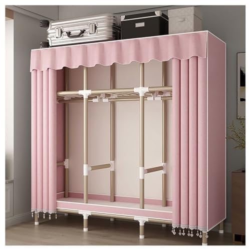 Tragbarer Kleiderschrank mit Abdeckung für Schlafzimmer, Kleiderständer mit 3 Hängestangen und 3 Regalen zum Aufhängen von Kleidung (Farbe: Rosa, Größe: 145 x 50 x 180 cm)