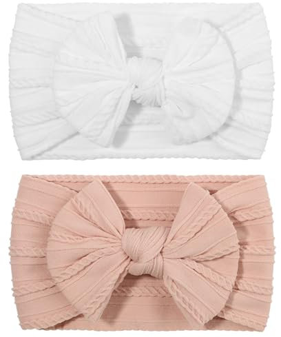 YOFASEN 2 Stück Haarband - High Elastisches Baby Mädchen Schleife Stirnbänder - Weiche Turban Babyschmuck (Rosa+Weiß)