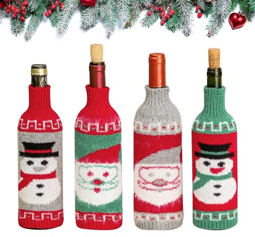 4 Pcs Christmas Wine Bottle Covers Knitted Santa Christmas Wine Bags Santa Snowman Christmas Wine Bottle Toppers Reusable Christmas Wine Bottle Gift Bags for Dinner Party Table Decoration