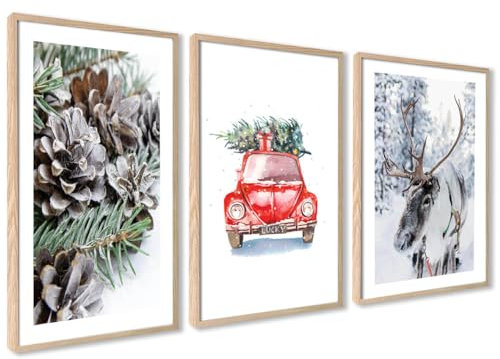 ag.art deco® Juego de pósteres navideños, 3 unidades, 30 x 40 cm, árbol de Navidad, reno rojo, ilustración de coche, para salón, dormitorio, invierno, sin marco
