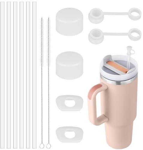 Lot de 14 accessoires pour Stanley Cup, 4 bouchons anti-fuite en silicone, 2 bouchons de paille pour paille (9-10 mm), 6 pailles réutilisables de 30 cm avec 2 brosses à paille, pour gobelets de 9 à 10