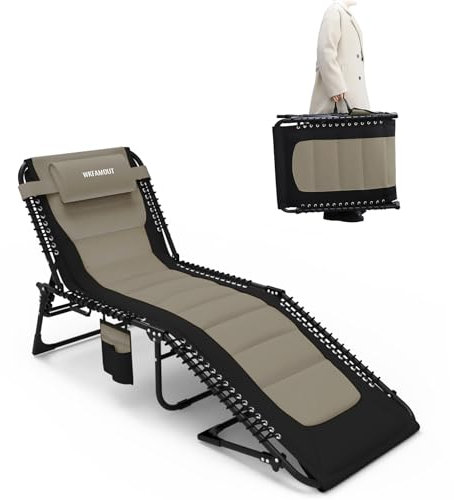 WKFAMOUT Sonnenliege Klappbar Gartenliege 5 Verstellbarer Rückenlehne Outdoor Faltbar Dreibeinliege Strandliege Campingbett bis 120KG mit Kissen Seitentasche 190x59CM Khaki