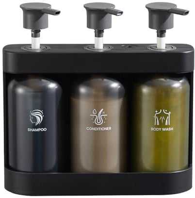 Szmst Shampoo and Conditioner Dispenser,3 Bottles No Drill Shampoo Dispenser for Shower Wall Mounted Shampoo Conditioner for Bathroom 3 * 380ML (305B Dark Grey 3 Chamber)
