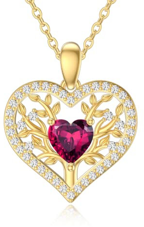 Rikelus 9k Gold Baum des Lebens Halskette für Damen,375/9ct Echtgold Lebensbaum Anhänger Halskette Herz Schmuck Geschenke Für Geburtstag Weihnachten 40+5 cm (Rubin-7)