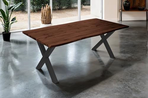 SAM Esstisch Josy | 200 x 100 cm | Holz Nussbaum-Optik | X-Gestell Metall schwarz | 40 mm Tischplatte mit Baumkante | Tisch für Esszimmer & Küche