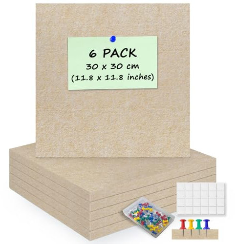 ANLIOTE 6 Pack Felt Board Tiles for Wall with 60 Push Pins, 30 x 30cm Pin Display Notice Board with Removable Adhesive Tabs, Cork Felt Panels Squares Bulletin Board for Photos, Pictures, Memos (Beige)