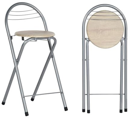 GOKHOMX Sgabello da bar pieghevole Set di 2 sgabelli pieghevoli portatili, sedia da bar pieghevole con schienale per bistrò, cucina, terrazza esterna, altezza seduta 61 cm, rovere e argento