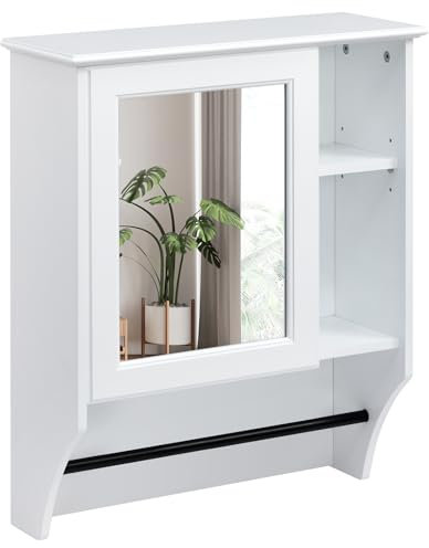 HollyHOME Badezimmer-Spiegelschrank, Einzeltür mit verstellbarem Regal, wandmontierter Medizinschrank, Holzschrank mit Handtuchhalter, Weiß (50 x 19,5 x 61,5 cm)