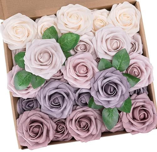 ACTOYS 25 Rosas Moradas Artificiales, Rosas Púrpuras Artificiales Grandes, Rosas Falsas, Flores Artificiales Decoracion para Bodas y Hogar (Morado Degradado)