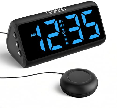 Loud Alarm Clock for Heavy Sleepers, Vibrating Alarm Clock with Vibration Pad, Led Display, Dual Alarms, 5 Brightness, 4 Volumes, Snooze, Bedside Clocks for Teens Elderly (Black-Blue)