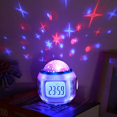 TKMARS Kinderwecker mit Sternenprojektor, LED-Nachtlicht mit Musik, Uhr mit Datums- und Uhrzeitanzeige, 7 Lichtfarben, Weihnachts- und Geburtstagsgeschenk für Jungen und Mädchen