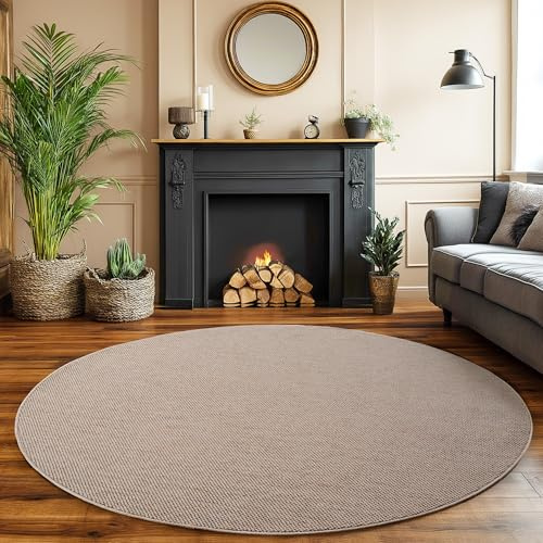 SIMPEX Teppich Rund 200 cm Beige Einfarbig Bouclé Schlingenflor Skandi Stil Modern Weich Strapazierfähig Pflegeleicht großer runder Teppich für Wohnzimmer Esszimmer Schlafzimmer