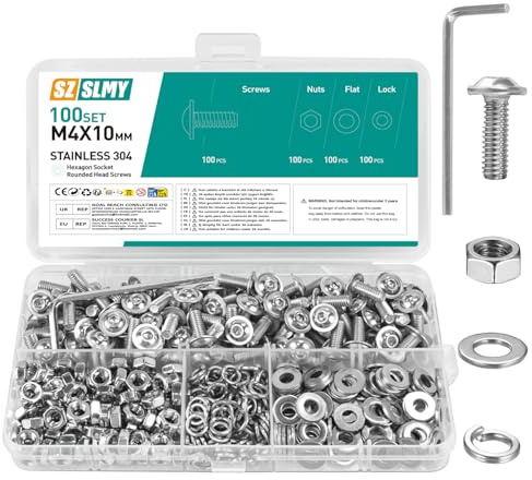 Juego de 100 tornillos M4, tornillos de cabeza alomada, M4 x 10 mm, acero inoxidable, juego de tuercas, tornillos de cabeza plana con brida, rosca completa para máquina, juego de tornillos roscados