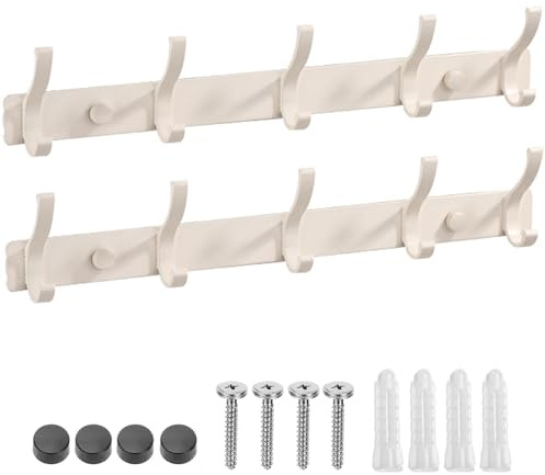 2 Pack Coat Hooks Wall Mounted with 10 Hooks Total , Hanger Wall Double Hook Rack, Heavy Duty Rust-Proof Coat Rack for Jackets, Bags, Hats & Towels in Bathroom, Bedroom, Kitchen & Entryway (white)