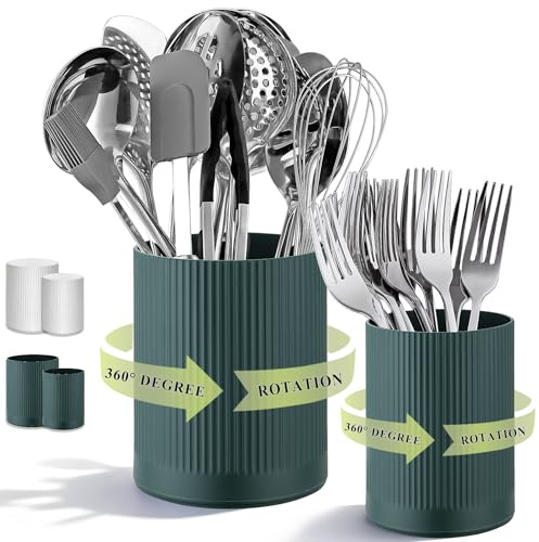 HOMQUEN 360° Rotating Utensil Holder, 16+12cm Plastic Kitchen Utensil Holder for Countertop, Large Cooking Utensil Crocks for Kitchen Decor, Utensil Organizer for Spatula, Set of 2 (Green)