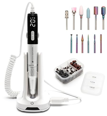 Rio Salon Po Electric Nail File with Ceramic & Tungsten Nail Drill Bit Set, Cordless 35,000 RPM E-File with LCD, 4500mAh Battery, 6 Bits – Professional Manicure & Pedicure Tool for Gel & Acrylic Nails