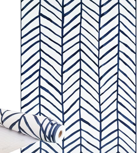 Qenlup Geometric Striped 44x1000cm Blue and White Wallpaper Herringbone Wallpaper Self Adhesive Wall Paper Textured Contact Papers for Living Room Bathroom Kitchen