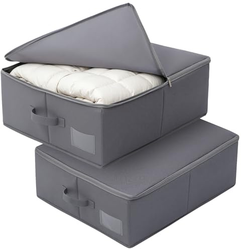 LAJIAKE Unterbett Aufbewahrung 2er Set, 52x44x19 cm, Faltbare Aufbewahrungsboxen für PAX Kleiderschrank, Stoff Box mit Sichtfenster & Reißverschluss, Kleidung, Bettdecken, Winterkleidung