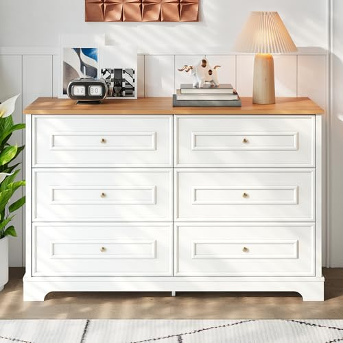 ModernLuxe Sideboard mit 6 Schubladen –Kommode Wohnzimmer im Landhausstil, Aufbewahrungsschrank Weiß mit Holzoptik, Kommode für Wohnzimmer, Esszimmer & Flur, 120 x 40 x 76 cm