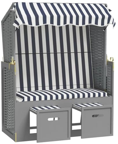 QJBSAVVA Strandkorb mit Dach Poly Rattan und Massivholz Blau Weiß Gartenstrandkorb mit ausziehbaren Fußhockern 3-stufig verstellbare Rückenlehne Sonnenliege für Balkon Terrasse 115x55x156 cm