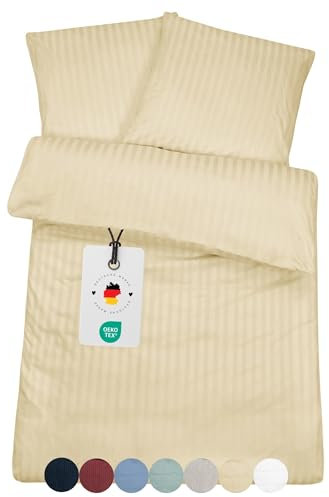 Carpe Sonno Damast Bettwäsche 135x200 Baumwolle | Bettwaren & Bettwäsche Baumwolle 135x200 | Duvet Cover gestreift Deckenbezug Kissenbezug mit Reißverschluss | Hotel Bettbezug 135 x 200 Beige