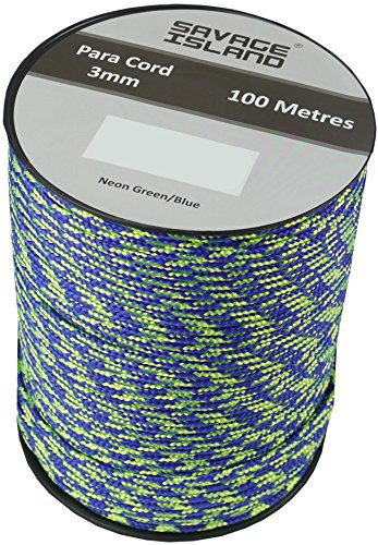 100m Reel Paracord Army Camping for Tent Basha Bivi Shelter Buidling Hammock Gardening Bushcraft in Green, Black, Coyote and Red Colours (Neon Green/Blue)