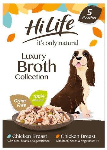 HILIFE it's only natural - Wet Dog Food - The Luxury Broth Collection Chicken Breast, Beef, Tuna, Beans, Vegetables - 100% Natural Grain Free, 15 Pouches x 100g