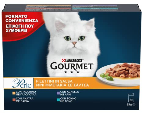 Gourmet Perlen Nassfutter für ausgewachsene Katzen, Filetins in Sauce mit Truthahn, Thunfisch, Ente, Lamm, 80 Beutel à 85 g
