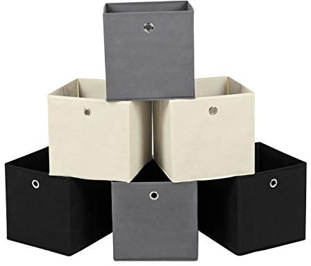 SONGMICS Set of 6 Storage Boxes, Non-Woven Fabric Foldable Storage Cubes and Toy Clothes Organiser Bins, 2 Grey+ Black+ Beige RFB06GHM,30 x 30 x 30 cm
