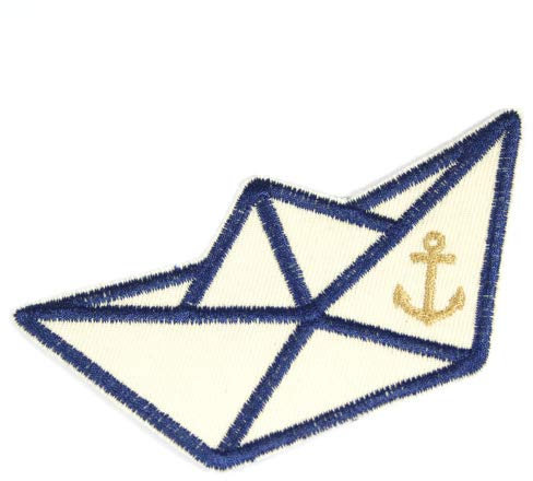 Bügelflicken Boot Aufbügler Faltboot Bügelbild Bio Baumwollstoff natur maritimer 5,5 x 11,5cm Flicken Papierboot Patch nautic Schiff Hosenflicken