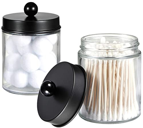 Apothecary Jars Bathroom Storage Organizer - Cute Qtip Dispenser Holder Vanity Canister Jar Glass with Lid for Cotton Swabs,Rounds,Bath Salts,Makeup Sponges,Hair Accessories/Black(2 PACK)