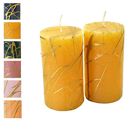 Adventskerzen m. goldenem Muster – 2 Stück - Rustikale Oberfläche - Kerzen/Stumpenkerzen - Weihnachten/Weihnachtskranz/Adventskranz (Senf, Höhe: 11cm / ⌀ 6cm - 2 Stück)