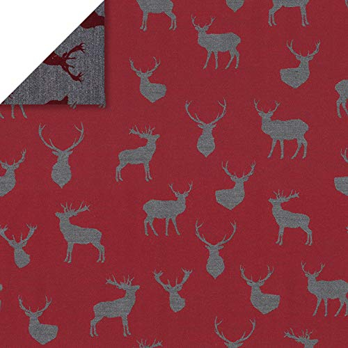 Stoff Meterware Hirsch Jacquard - Weihnachten, Winter, Decken, Plaids, Kinder, Deko, Tischdecke, Vorhänge, Kissen, Nähen, Basteln, DIY (Rot)