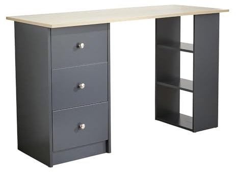 Home Source Computer Desk Bedroom Office Furniture, 3 Drawer, 3 Shelf, Dark Grey