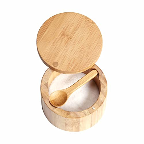 KITCHENDAO Bamboo Salt Box with Built-in Spoon to Prevent Dust, Elegant Seasoning Box, Kitchen Salt Pepper Spice Cellars Storage Container with Swivel Magnetic Lid - 6oz
