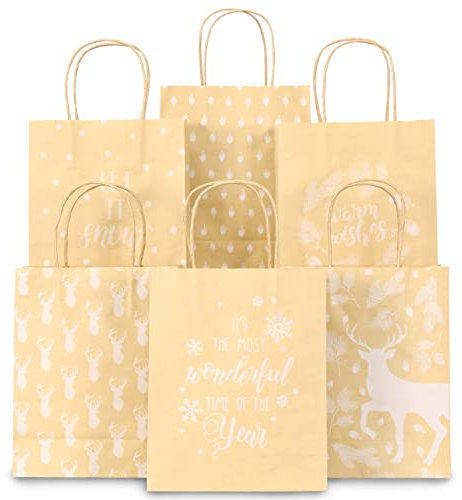 Papierdrachen 6 Bedruckte Henkeltüten zu Weihnachten - Braun mit Weiß - 22x18x8cm - weihnachtliche Geschenkverpackung - Geschenktüten Set 2