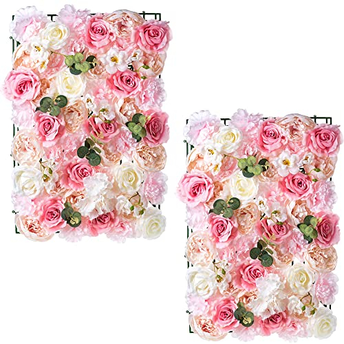 Blumen Wand Panel Blumen Hintergrund - 2 Stück Rosa Blumen Wand Dekor 40cm X 60cm Seidenrose Wand Künstliche Blumen Wand Hintergrund Faux Blumen Panel für Hochzeit Kinderzimmer Zimmer Wohnkultur