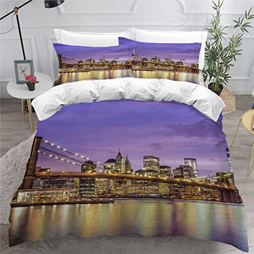 Modern City New York Bettwäsche 135x200 Kinder Bettwäsche-Set 3D Motiv Bettbezug Set mit Reißverschluss Kuschelig Mikrofaser Bettwaren Dekorativ Bettbezüge mit 2 Kissenbezug 80x80cm