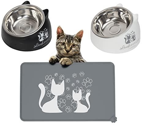 Cat Bowls Cat Food Water Bowl Cat Food Mat Wipe Clean Feeding & Watering Supplies for Cats Raised Cat Bowl Cat Feeding Mat Bowl Cat Accessories Kitten Bowls (Grey + Black + White)