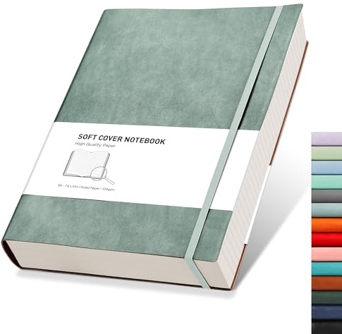 RETTACY B5 Lined Notebook, Leather Softcover Journal, 320 Pages, Gray Blue | Notepad for Men Women, 100 GSM Thick Ruled Paper, for School Office Writing - 19 × 25 cm
