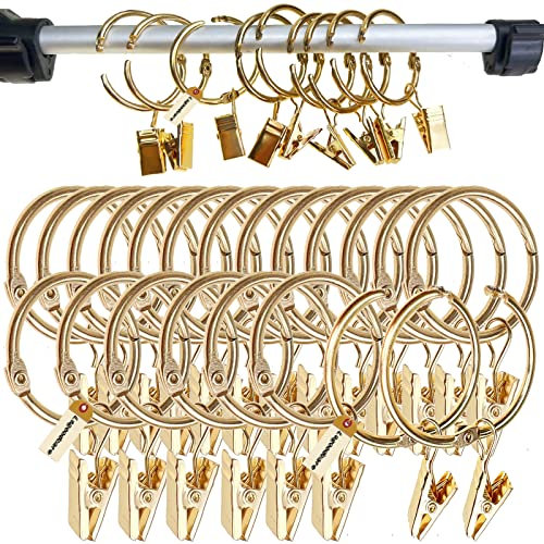 Lsgoodcare 30 Stück zu öffnende Vorhangklammern mit Ringen 50mm, Metall-Duschfenster-Vorhanghaken Gold, dekorative Öffnungsringe für Vorhänge im Badezimmer