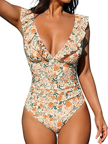 CUPSHE Damen Badeanzug Rüschen V Ausschnitt Bauchweg Raffungen Blumenmuster Einteilige Bademode Swimsuit Mehrfarbig S