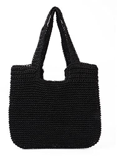 EVEOUT Sac à bandoulière en Paille pour Femmes Été Sac de Plage en Tissu Grand Sac à Main en Paille Sacs portés épaule de Plage Noir