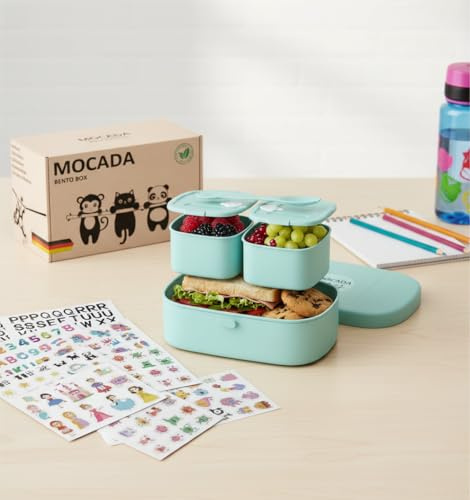 MOCADA® Brotdose Kinder mit Fächern - Auslaufsicher – Bento Box Kinder, Lunchbox Schule – Jausenbox kinder – Nachhaltige Brotdose mit Besteck & 216 Sticker, Brotbox für Mädchen & Jungen (Blau)