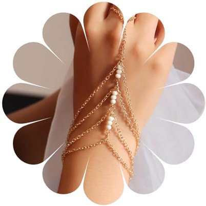 Aneneiceera Boho Lagenweise Kette Armband Finger Kette Weiß Bead Link Handgelenk Kette Harness Handkette Gold Geschichtet Sklavenarmband Vintage Multi-layer Armband Schmuck für Frauen Mädchen