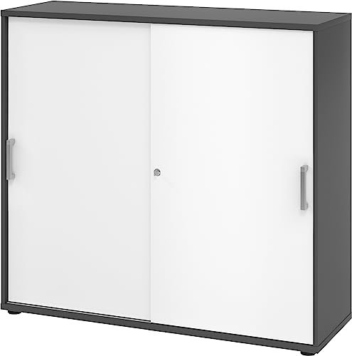 bümö Schiebetürenschrank 3OH - Aktenschrank abschließbar, Sideboard Schrank mit Schiebetüren in Graphit/Weiß - Büroschrank aus Holz mit Schiebetür, Büro Kommode für Ordner & Co.