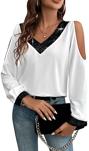 GORGLITTER Damen Elegant Bluse Langarm Oberteil mit Pailletten Bluseshirt Cold Shoulder Tunika Office Blusetop Langarmshirts Schwarz und Weiß XL