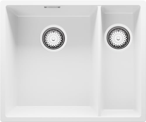 PRIMAGRAN Fregadero Cocina Blanco 56x47cm, Granito 1,5 Senos + Sifón, Sobre encimera al mueble 60cm - London Slim Duo