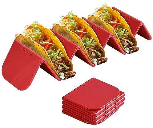 Cozihom Foldable Taco Holders, for Soft & Hard Taco Shells, Taco Stand Holds up to 3 or 4 Tacos, Plastic Taco Tray Holder, Space Saving, BPA Free, Dishwasher Safe, Pack of 2, Red