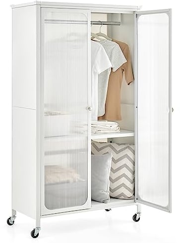 COSTWAY mobiler Kleiderschrank mit Hängestange & verstellbarem Regal, Garderobenschrank aus Metall mit 2 feststellbaren Rollen & durchsichtigen Schranktüren für Schlafzimmer, Weiß